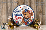 A decorative sign featuring a cow with a patriotic theme, surrounded by flowers and a fireworks display.