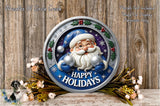A decorative holiday wreath with a Santa Claus figure, surrounded by flowers and greenery, with the text "Happy Holidays" displayed on the wreath.