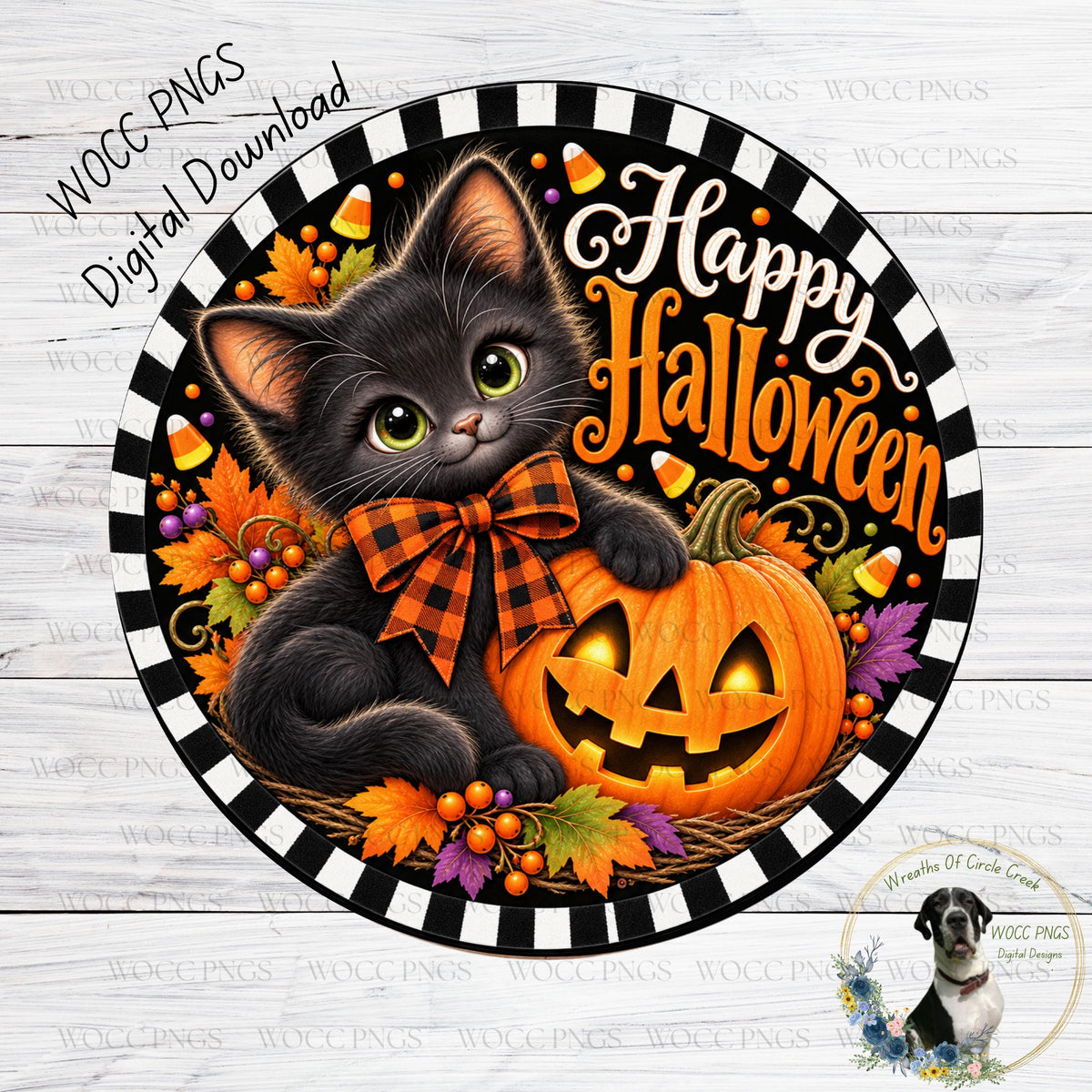 A black cat wearing a plaid bow is sitting on top of a carved pumpkin, surrounded by autumn leaves and candy corn, with the text "Happy Halloween" displayed on the pumpkin.