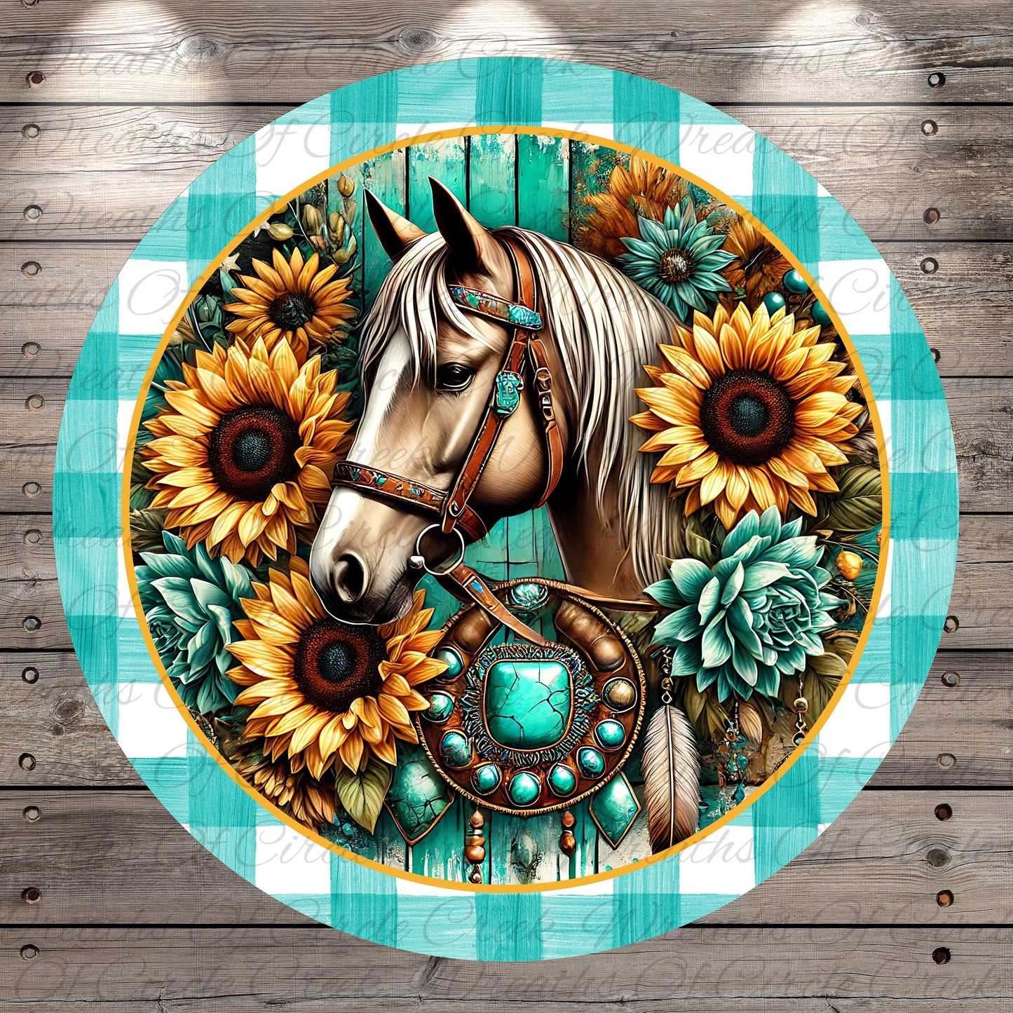 A detailed illustration of a horse surrounded by vibrant sunflowers, with a dreamcatcher and other decorative elements.
