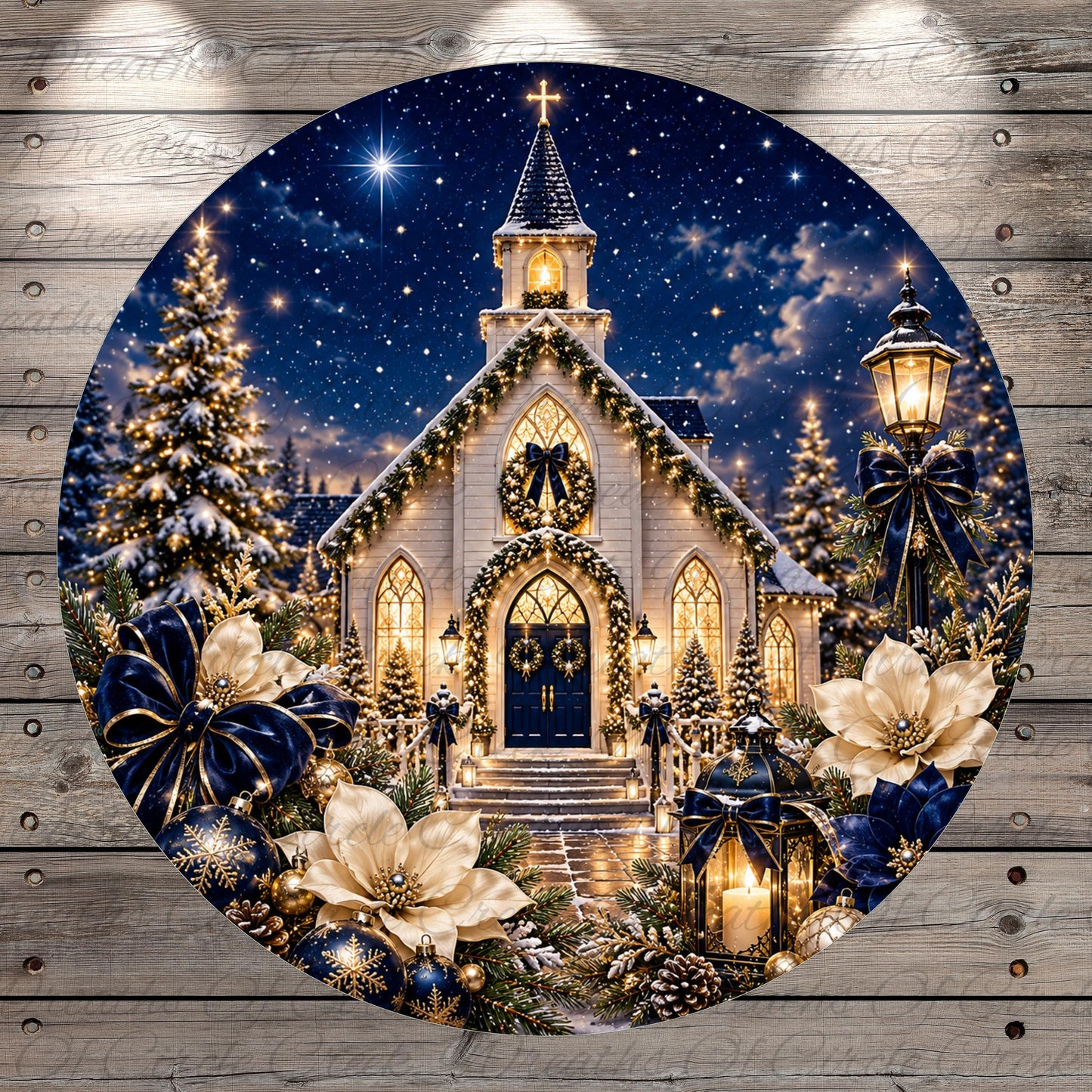 A beautifully decorated Christmas church with a starry night sky, surrounded by trees, flowers, and lanterns.