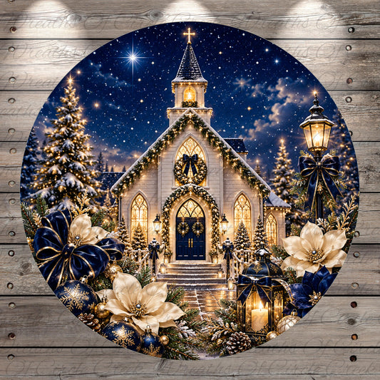 A beautifully decorated Christmas church with a starry night sky, surrounded by trees, flowers, and lanterns.