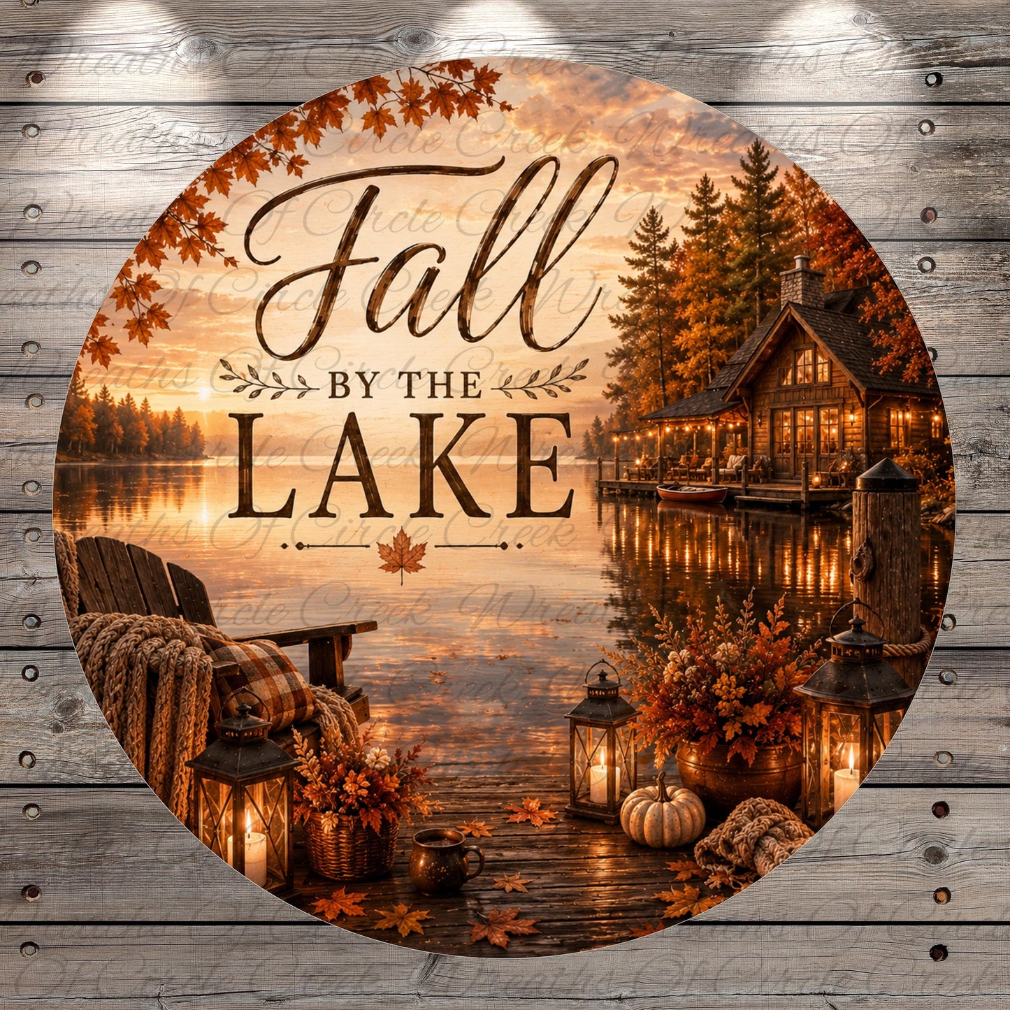 a serene autumn scene by a lake, with a cabin and various fall decorations such as lanterns, pumpkins, and blankets.