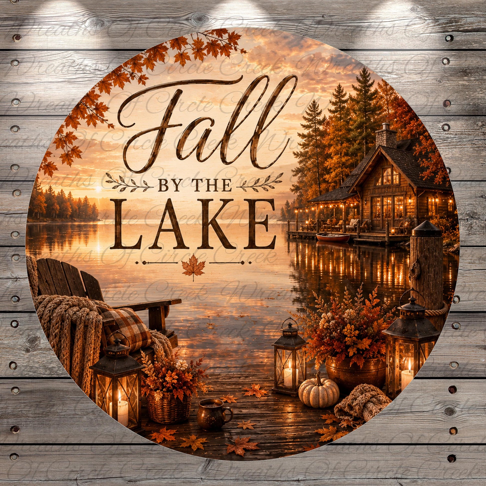 a serene autumn scene by a lake, with a cabin and various fall decorations such as lanterns, pumpkins, and blankets.