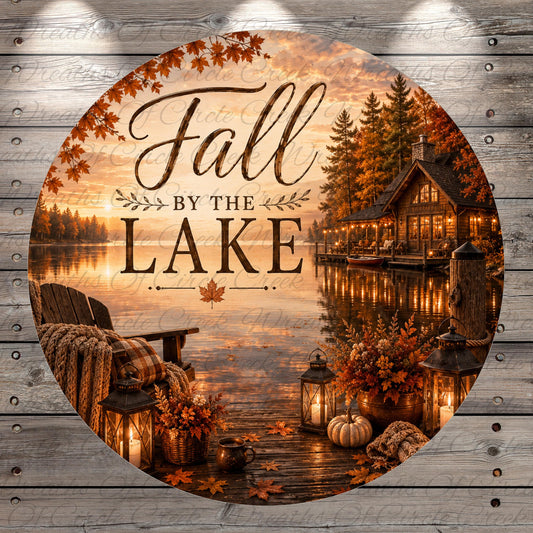 a serene autumn scene by a lake, with a cabin and various fall decorations such as lanterns, pumpkins, and blankets.