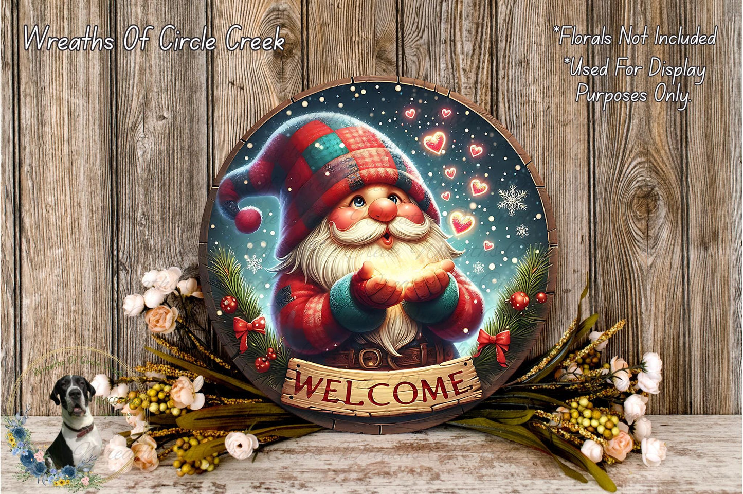 A round wooden sign with a gnome holding a glowing orb, surrounded by a wreath of flowers and greenery, with the word "WELCOME" displayed on the sign.