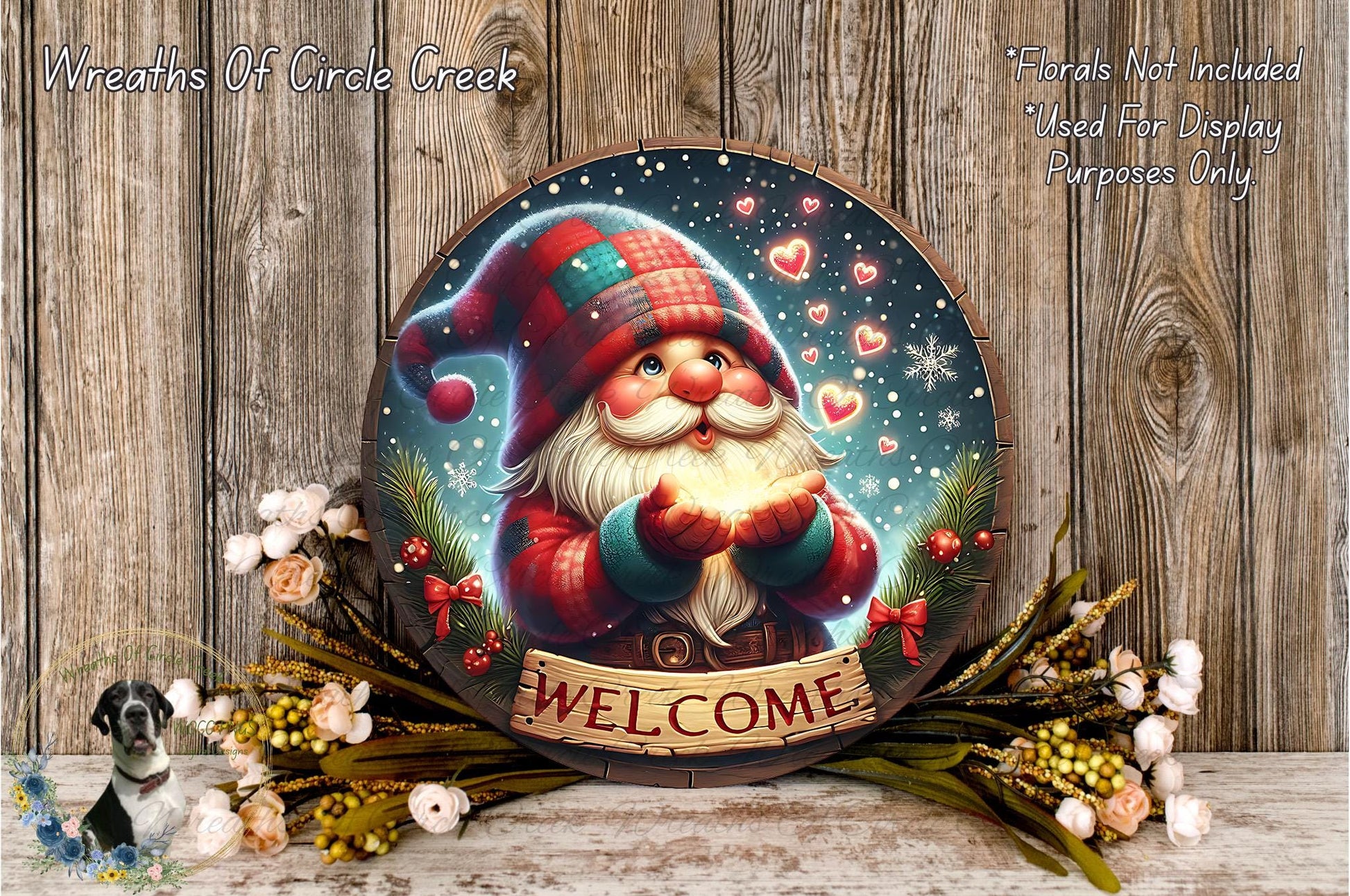 A round wooden sign with a gnome holding a glowing orb, surrounded by a wreath of flowers and greenery, with the word "WELCOME" displayed on the sign.