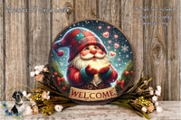 A round wooden sign with a gnome holding a glowing orb, surrounded by a wreath of flowers and greenery, with the word "WELCOME" displayed on the sign.