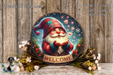 A round wooden sign with a gnome holding a glowing orb, surrounded by a wreath of flowers and greenery, with the word "WELCOME" displayed on the sign.
