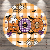 The image is a Halloween-themed design featuring the word "BOO" surrounded by various spooky and festive elements such as a ghost, spider, pumpkin, spider web, and bats.