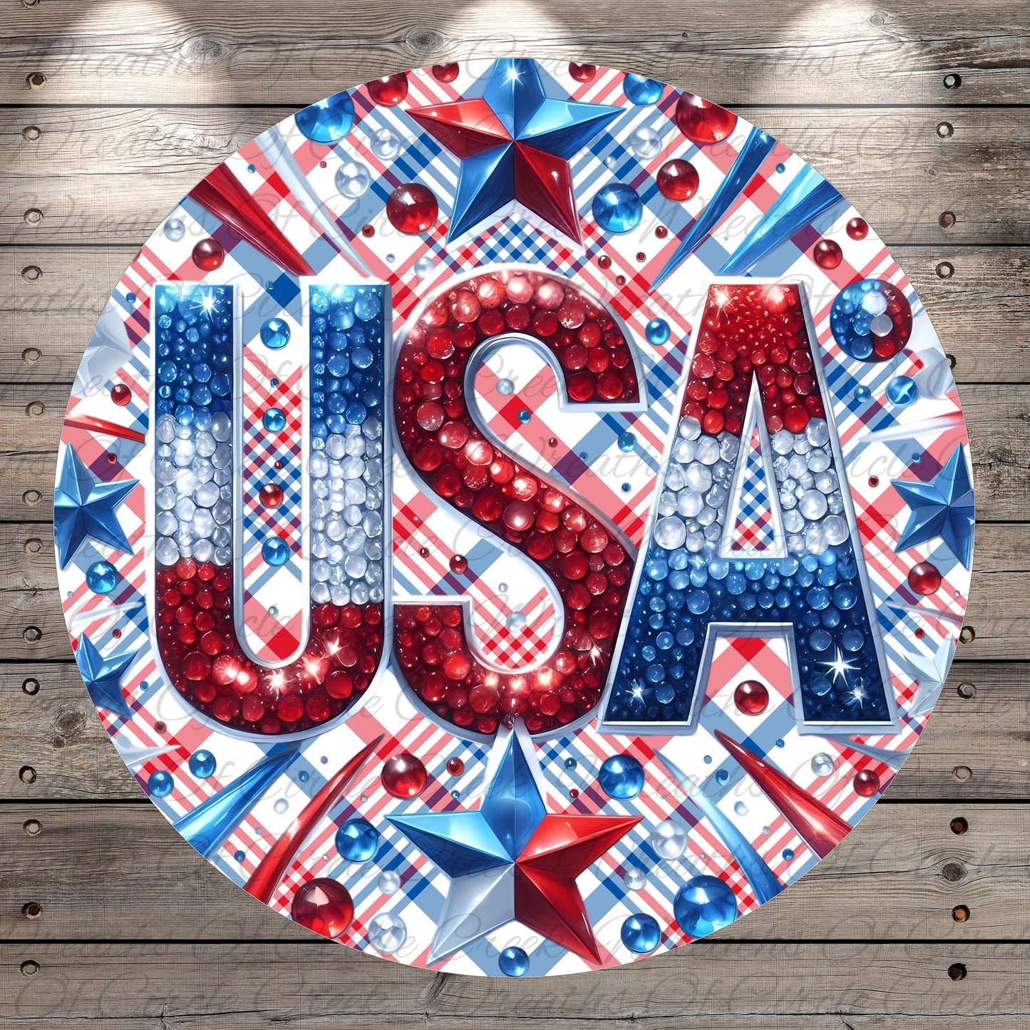 a circular design with the word "USA" prominently displayed in the center. The design is adorned with various patriotic symbols, such as stars, stripes, and beads in red, white, and blue colors. The overall design is visually striking and patriotic, reflecting the spirit of the United States.