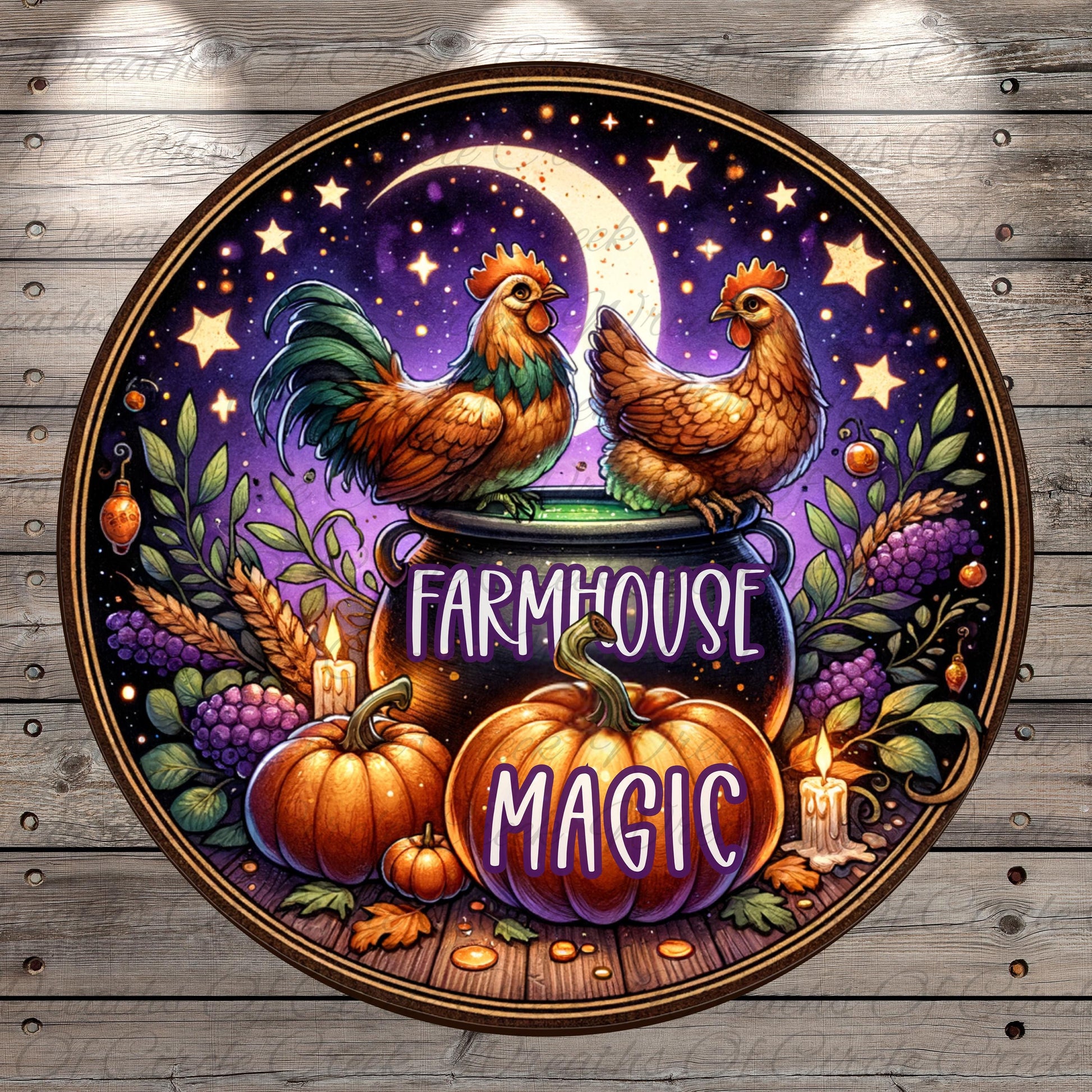 A circular illustration featuring two roosters, a cauldron, pumpkins, and a crescent moon, with the text "FARMHOUSE MAGIC" prominently displayed.