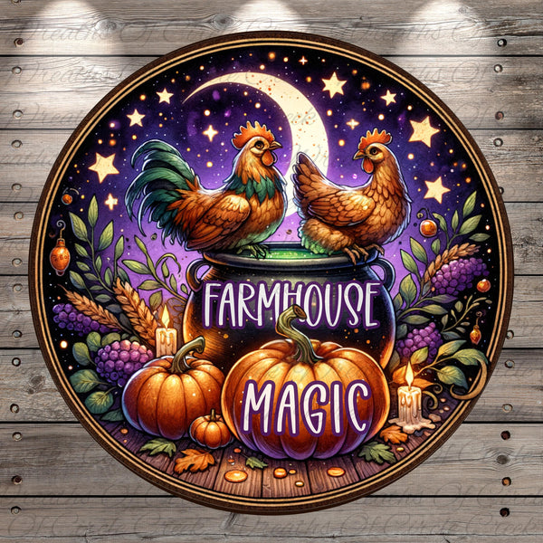 A circular illustration featuring two roosters, a cauldron, pumpkins, and a crescent moon, with the text "FARMHOUSE MAGIC" prominently displayed.
