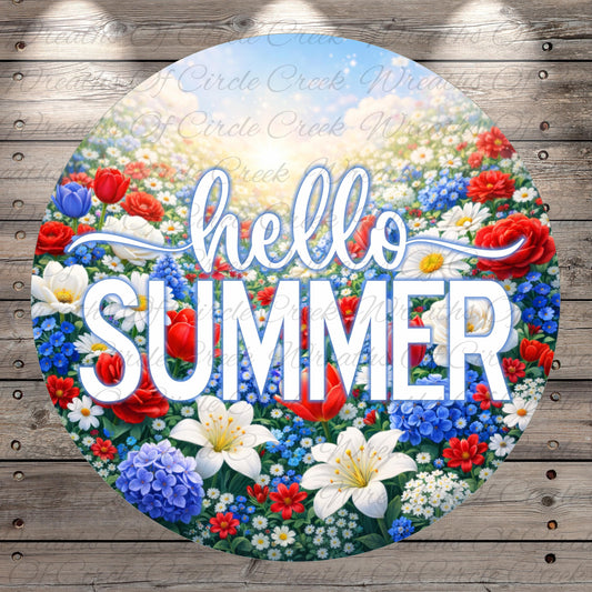 A circular image with a vibrant floral background and the text "Hello Summer" prominently displayed in the center.