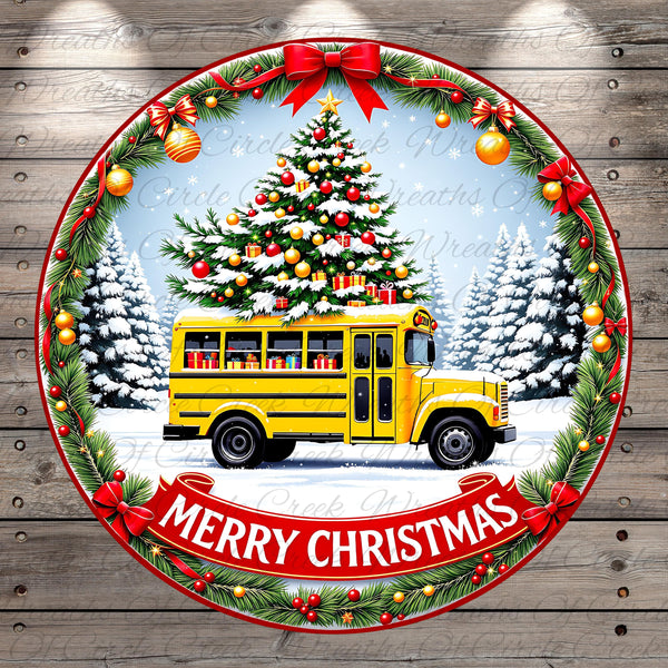 A yellow school bus decorated with Christmas ornaments and a wreath, with a large Christmas tree in the background. The text "MERRY CHRISTMAS" is displayed on a banner around the bus.