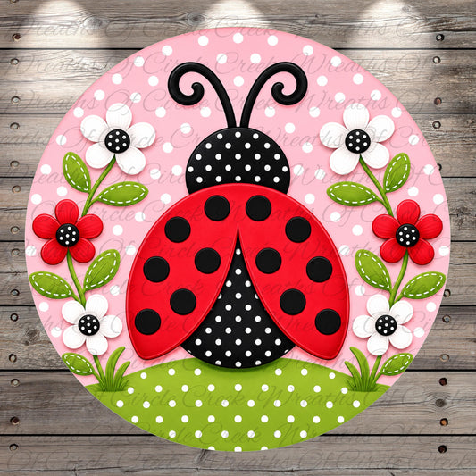 A round, decorative image featuring a red and black spotted ladybug surrounded by white flowers and green leaves, set against a pink background with white polka dots.