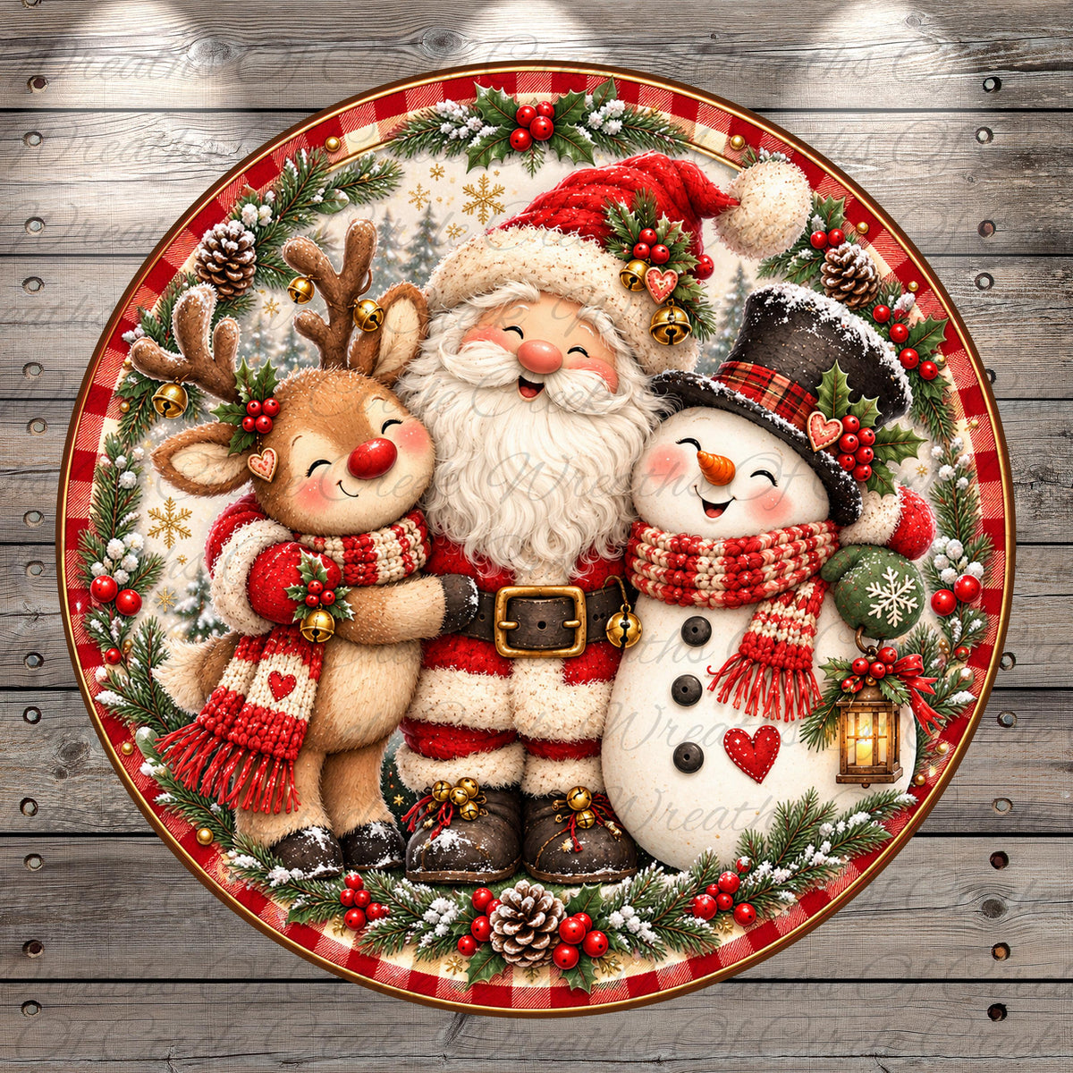 A festive Christmas-themed image featuring Santa Claus, a reindeer, and a snowman, all surrounded by holiday decorations such as pine cones, berries, and a wreath.