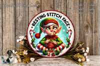 A festive wreath with a cartoon elf wearing a green hat and striped pants, holding a red and white striped scarf, surrounded by flowers and candy canes.