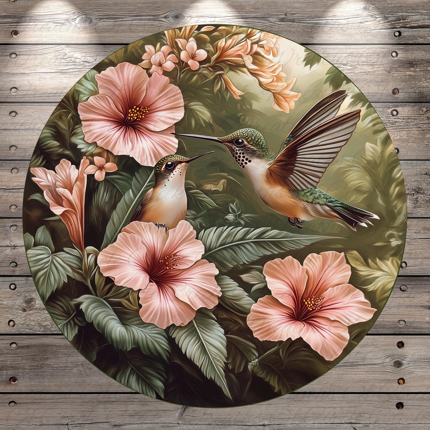 a painting of a hummingbird and flowers on a wooden background