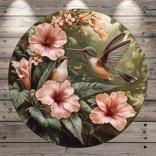 a painting of a hummingbird and flowers on a wooden background