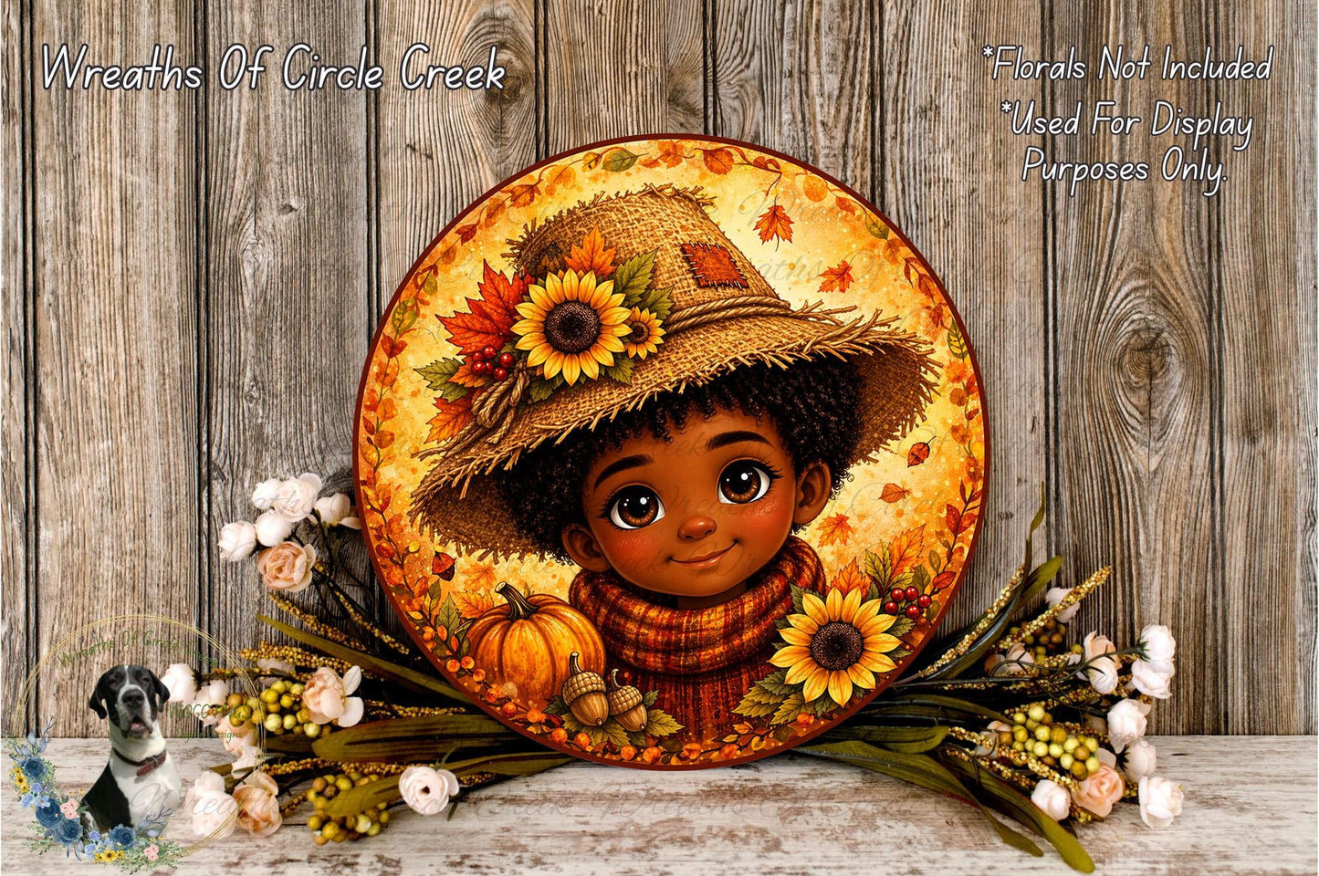 A decorative plate featuring a young child wearing a straw hat and surrounded by autumn-themed elements such as flowers, leaves, and a pumpkin.