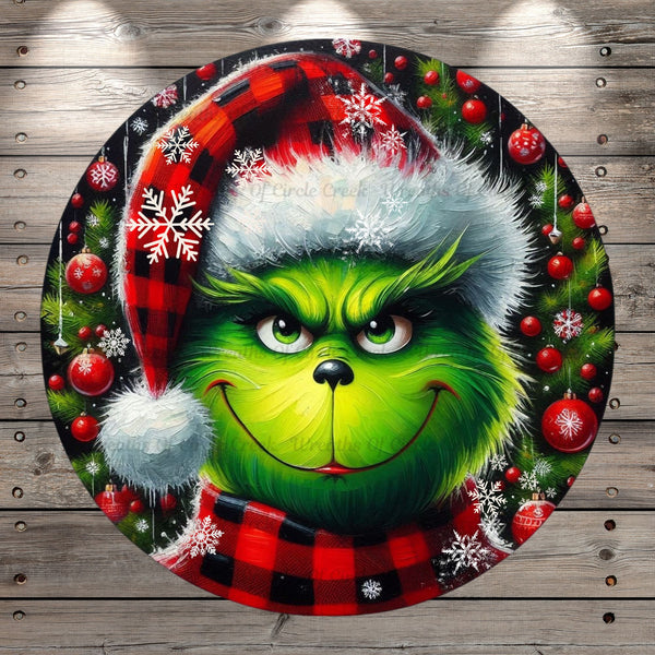 Christmas, Green Monster, Red and Black Buffalo Plaid, Round, Light Weight, Metal, Wreath Sign, No Holes In Sign