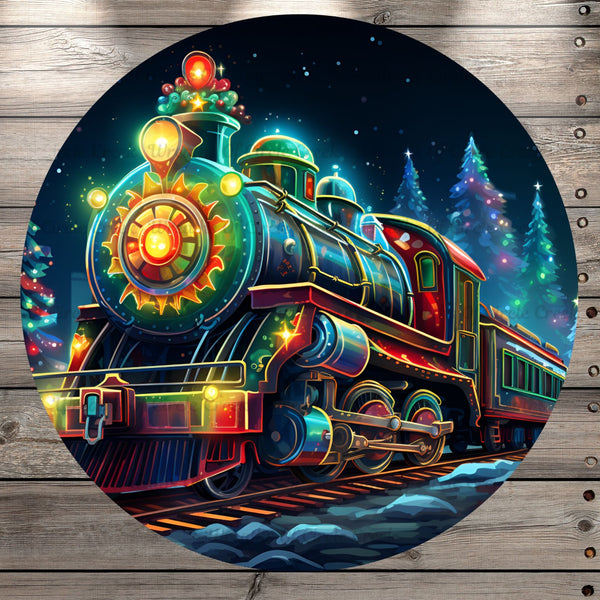 Christmas Train, Classic, Steam Engine, Christmas Lights, Winter, Round, Light Weight, Metal Wreath Sign, No Holes