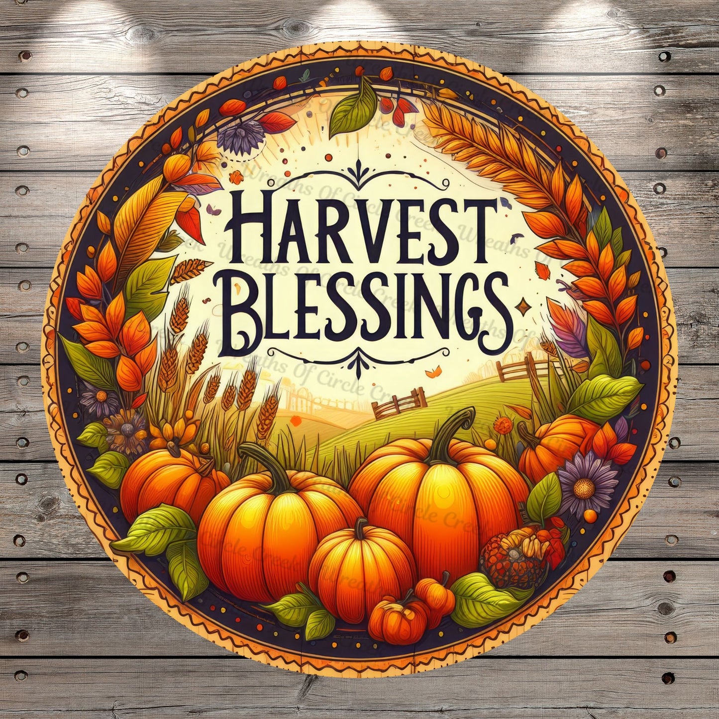 Harvest Blessings, Pumpkin Patch, Country, Round, Light Weight, Metal Wreath Sign, No Holes In Sign