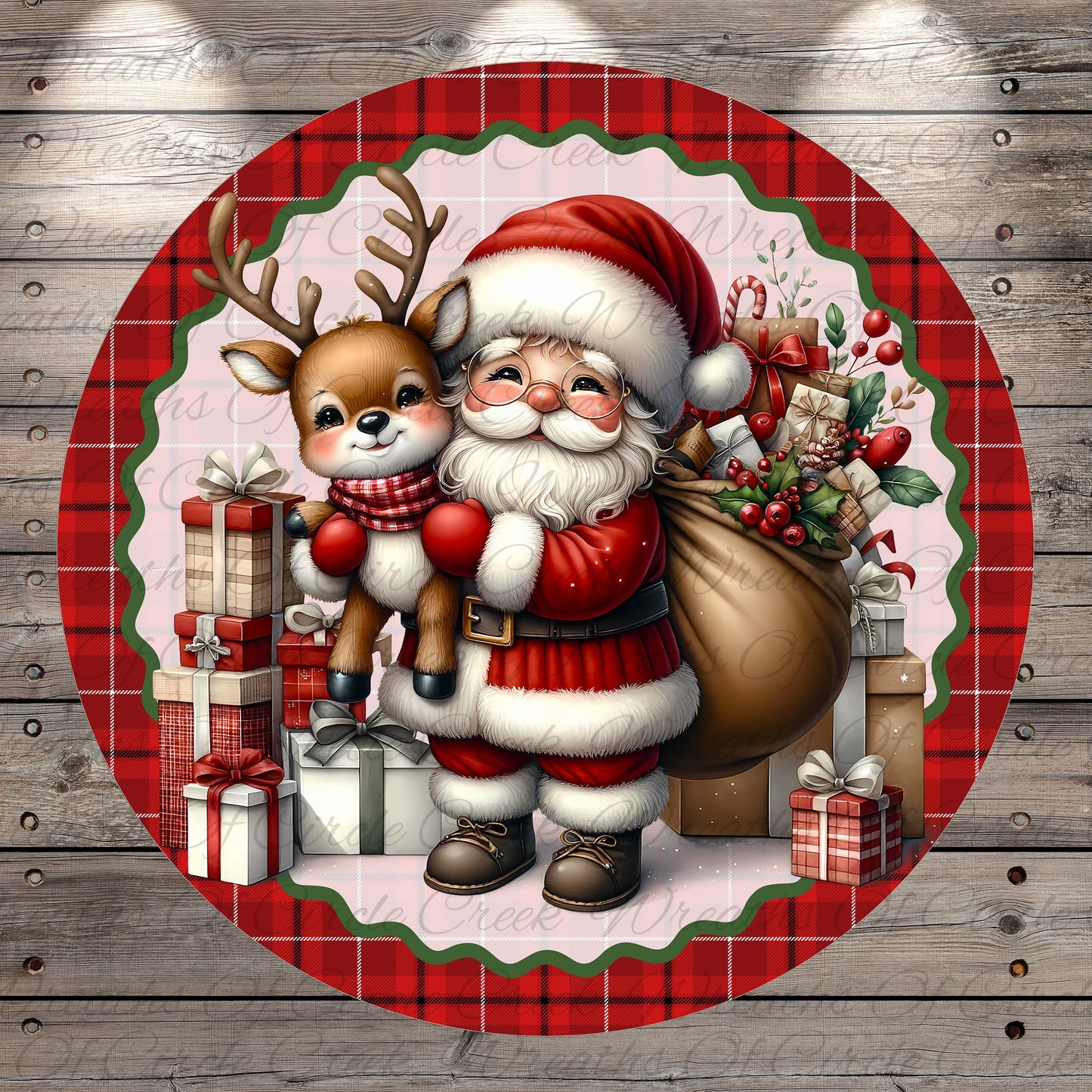 Santa Claus holding a reindeer and a sack of presents, surrounded by a festive Christmas scene with gift boxes and berries.