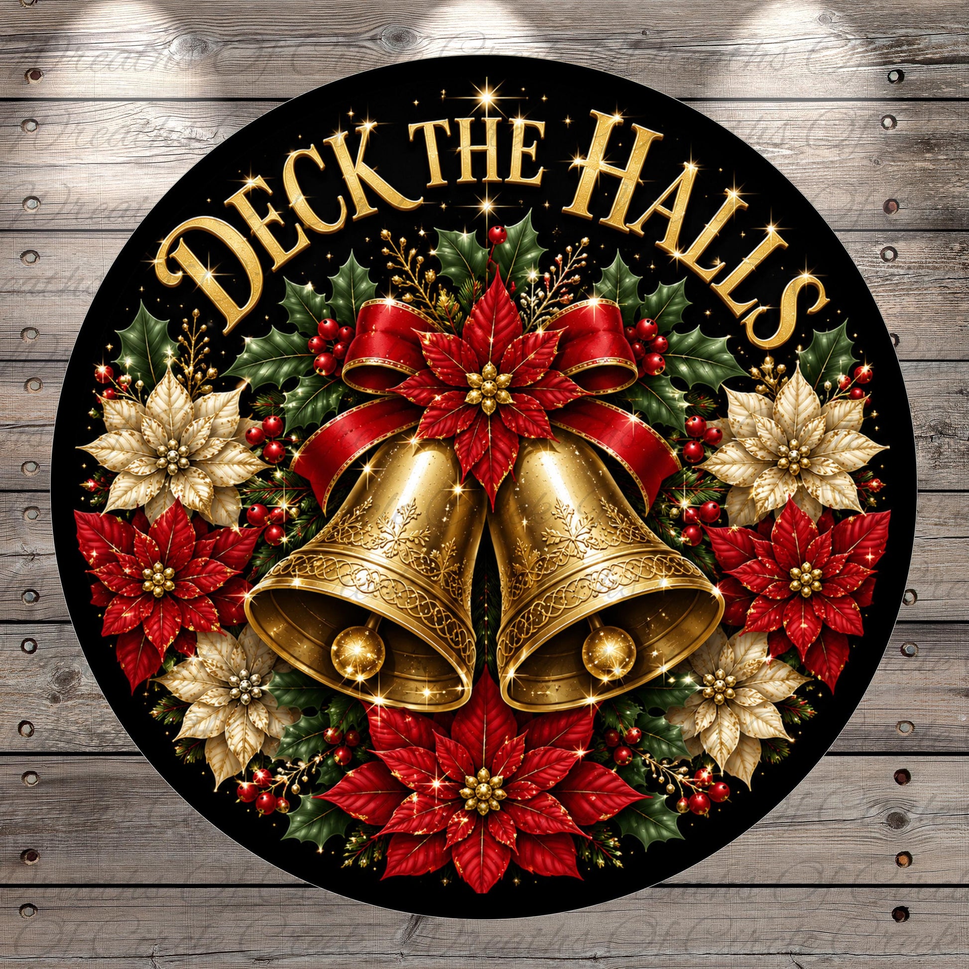 A circular Christmas-themed decoration with a black background, gold bells, red poinsettias, and the text "Deck the Halls" written in gold.