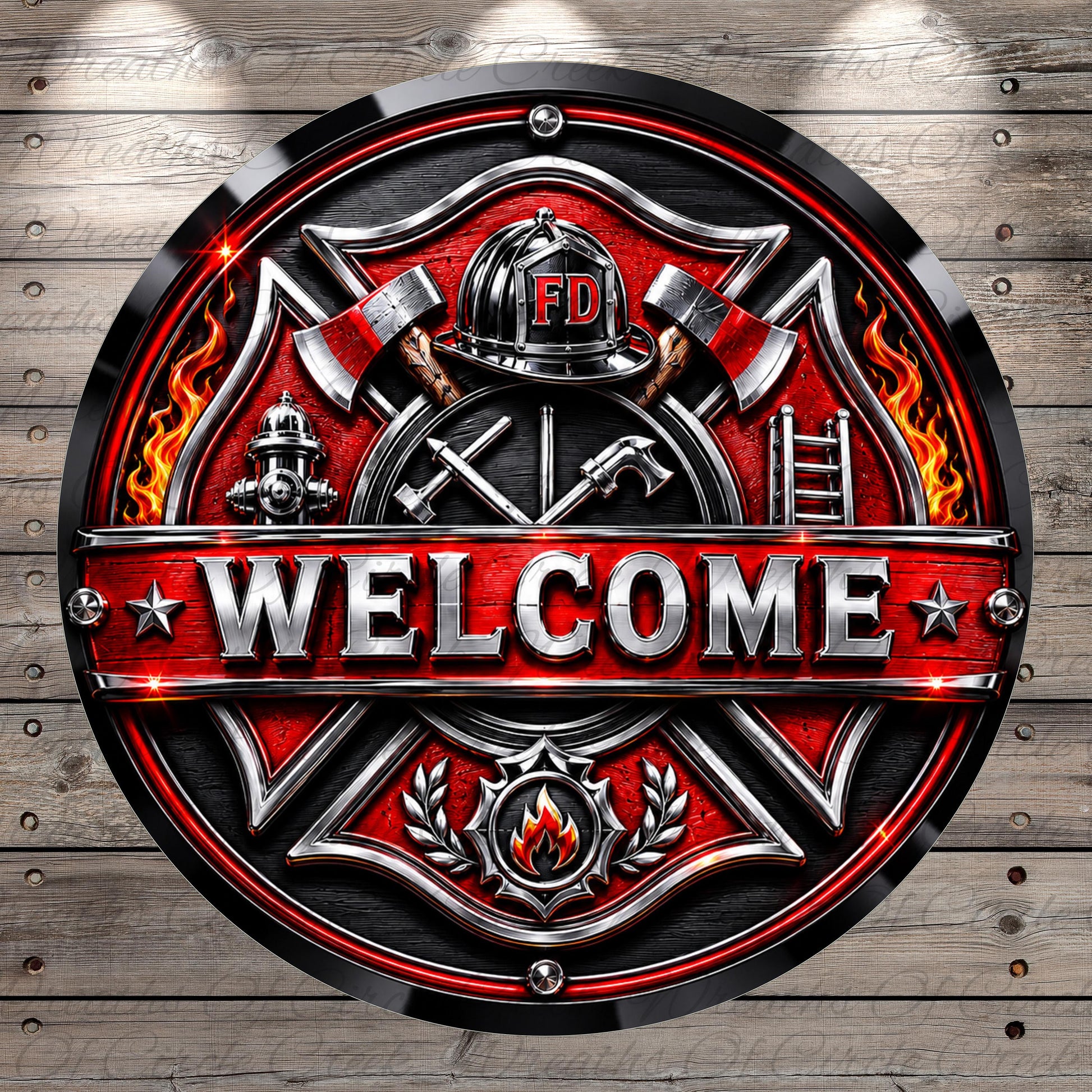 a red and black circular sign with the word "WELCOME" prominently displayed in the center. The sign is adorned with various firefighting-related symbols, such as a fire helmet, fire extinguisher, and a ladder, all rendered in a striking metallic color scheme. The sign is set against a wooden background, which adds a rustic touch to the overall design.