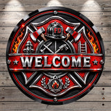 a red and black circular sign with the word "WELCOME" prominently displayed in the center. The sign is adorned with various firefighting-related symbols, such as a fire helmet, fire extinguisher, and a ladder, all rendered in a striking metallic color scheme. The sign is set against a wooden background, which adds a rustic touch to the overall design.