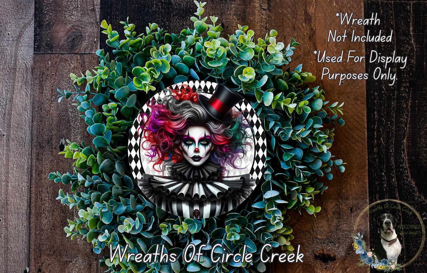a wreath with a woman's face in the center, surrounded by green foliage. The wreath is described as a "Wreath of Circle Creek" and is not included in a display.