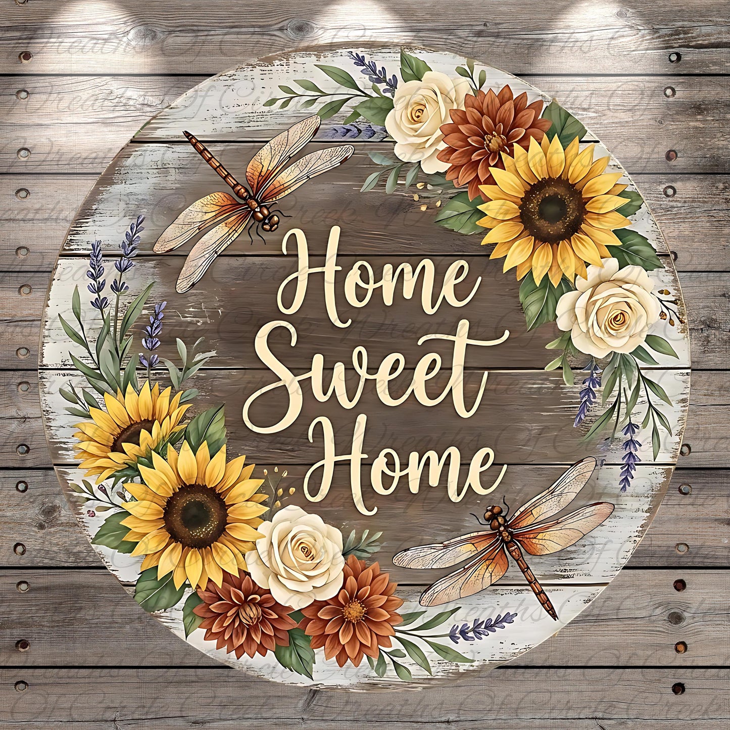 A round wooden sign with a floral wreath around it, featuring sunflowers, roses, and dragonflies. The sign has the text "Home Sweet Home" written on it.