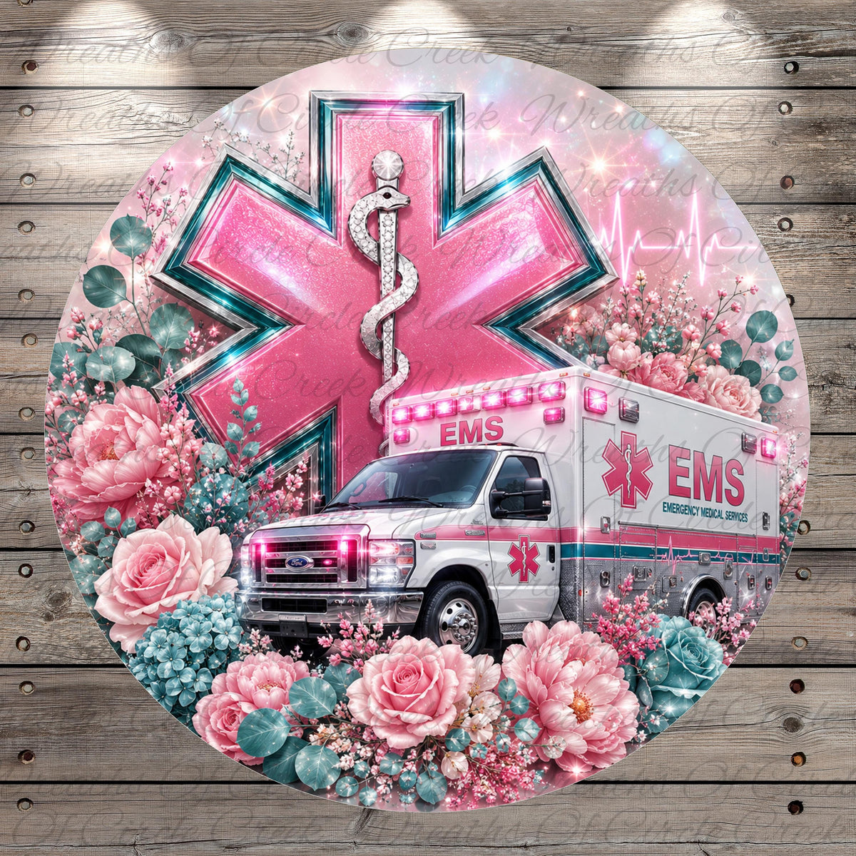 a white ambulance surrounded by pink and blue flowers, with a large pink star-shaped emblem in the background.
