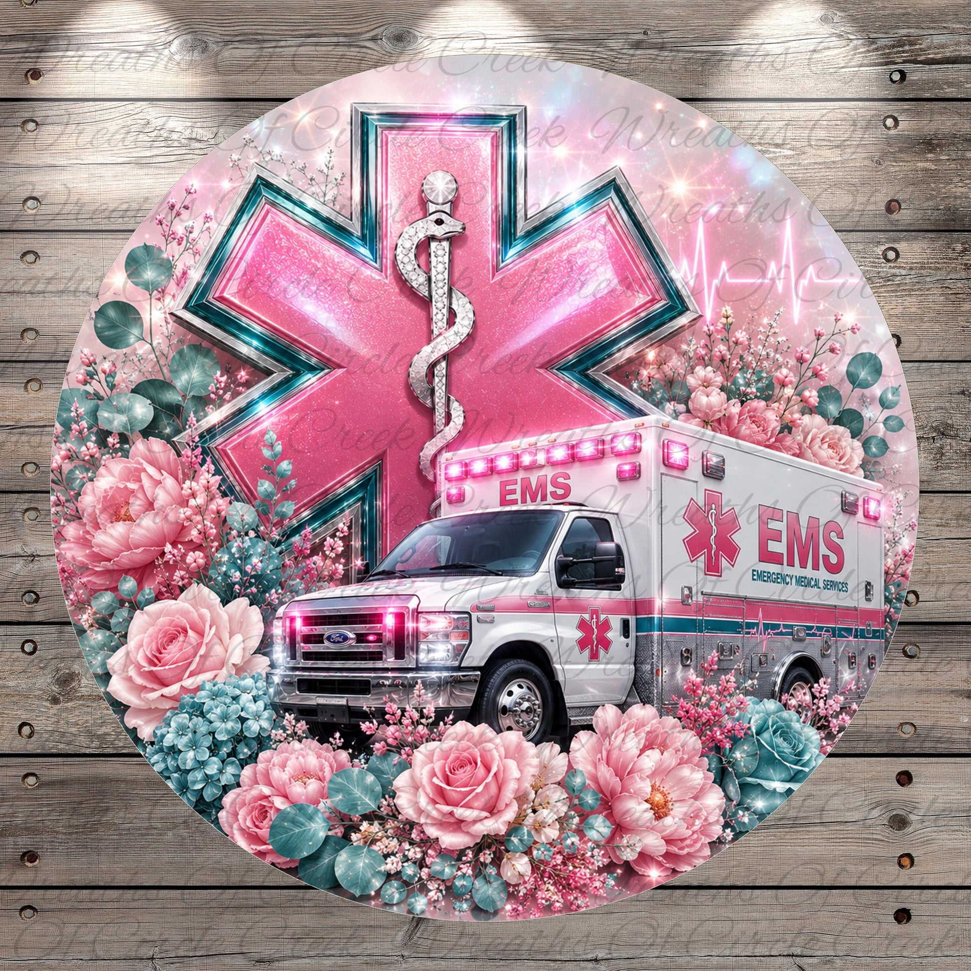 a white ambulance surrounded by pink and blue flowers, with a large pink star-shaped emblem in the background.
