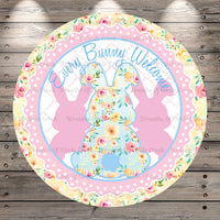 Pattern Easter Bunnies, Every Bunny Welcome, Pale Pink, Florals, Round, Light Weight, Metal Wreath Sign, No Holes, UV Coated