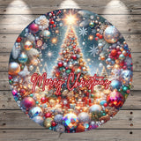 Merry Christmas, Sparkling Christmas Tree, Round, Light Weight, Metal, Wreath Sign, No Holes In Sign