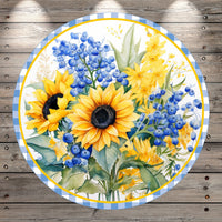 Sunflowers, Blue Florals, White And Blue Plaid, Hey Y'all, Light Weight, Metal Wreath Sign, No Holes In Sign