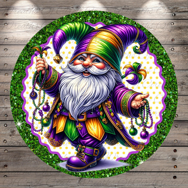 A colorful illustration of a gnome wearing a purple and green outfit, holding a bunch of beads, and surrounded by a circular frame with a green border and glittery accents.