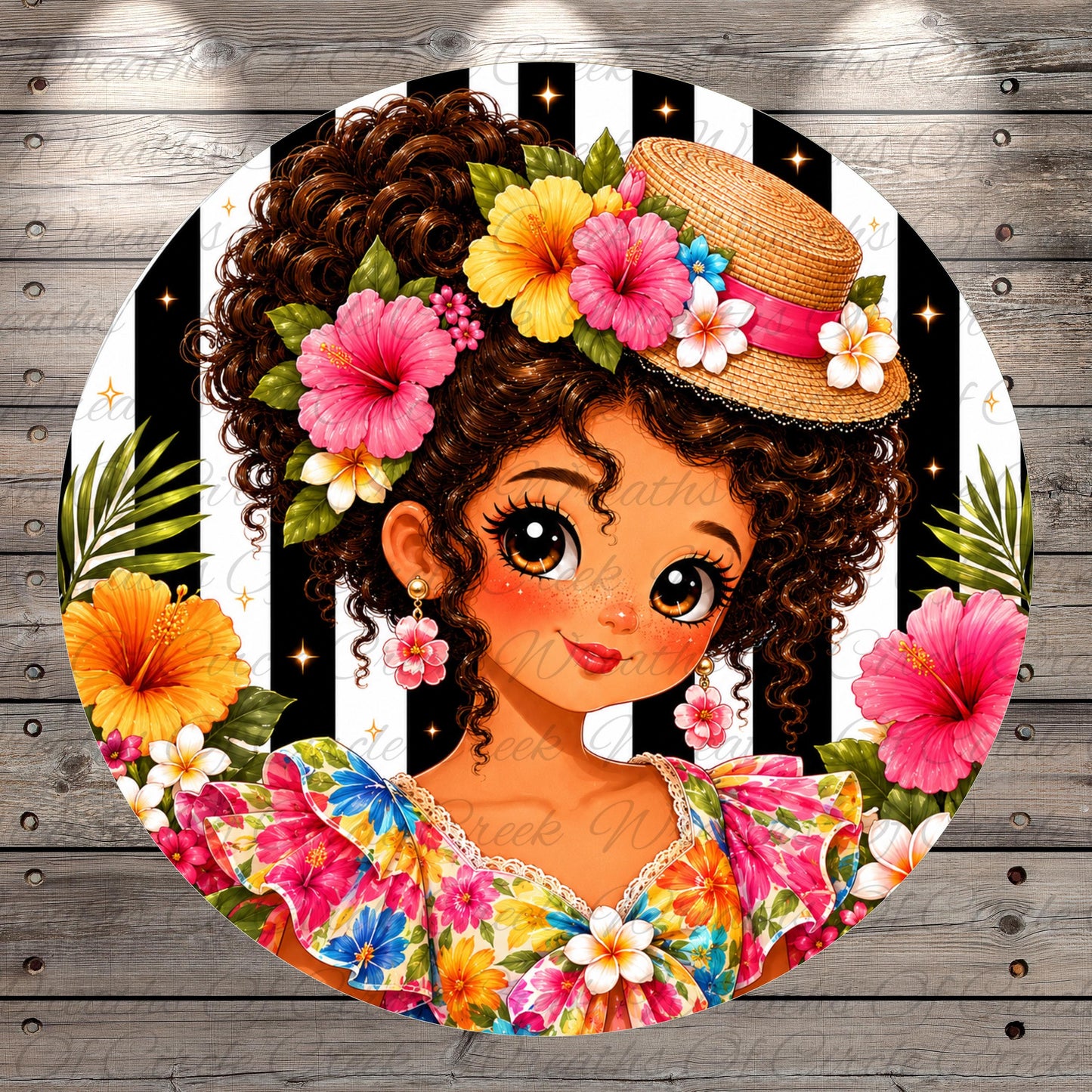 A colorful illustration of a young girl with curly hair and a flower crown, surrounded by tropical flowers and a striped background.