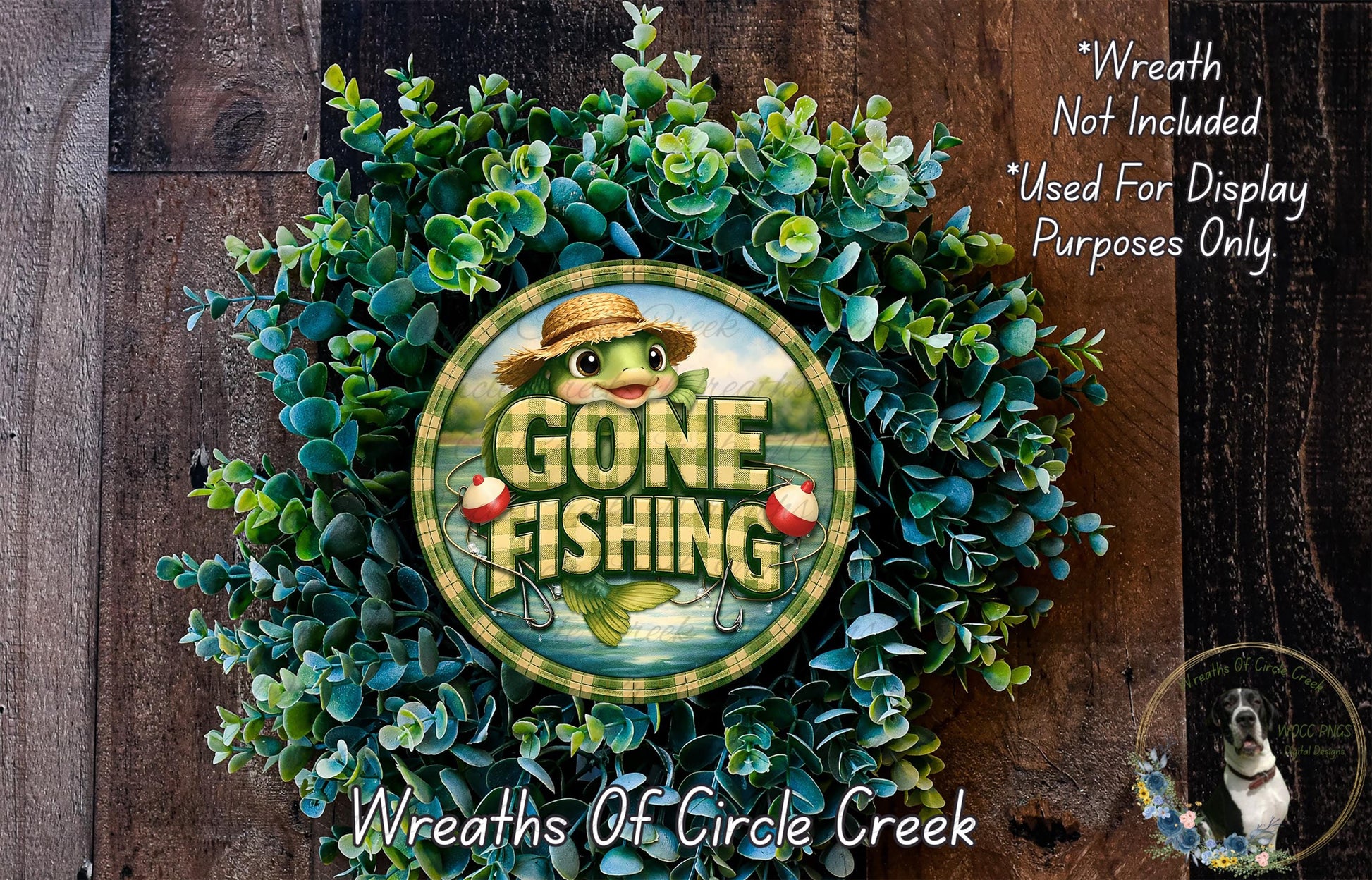 a wreath with a fishing theme, including a green plant and a fish, along with the text "GONE FISHING" and "Wreaths of Circle Creek".