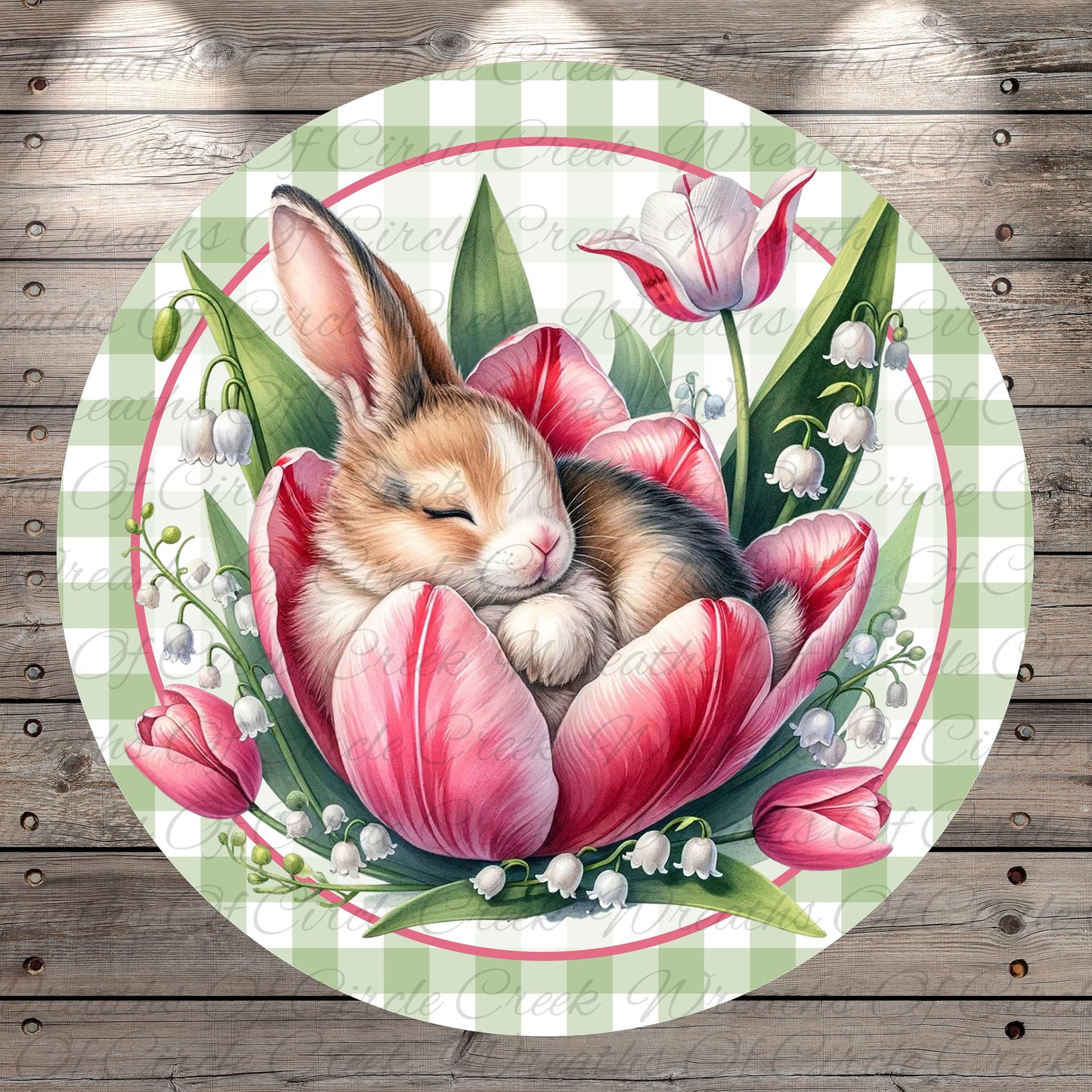 A cute bunny is peacefully sleeping on a large pink tulip surrounded by lily pads and other flowers, all set against a green and white checkered background.