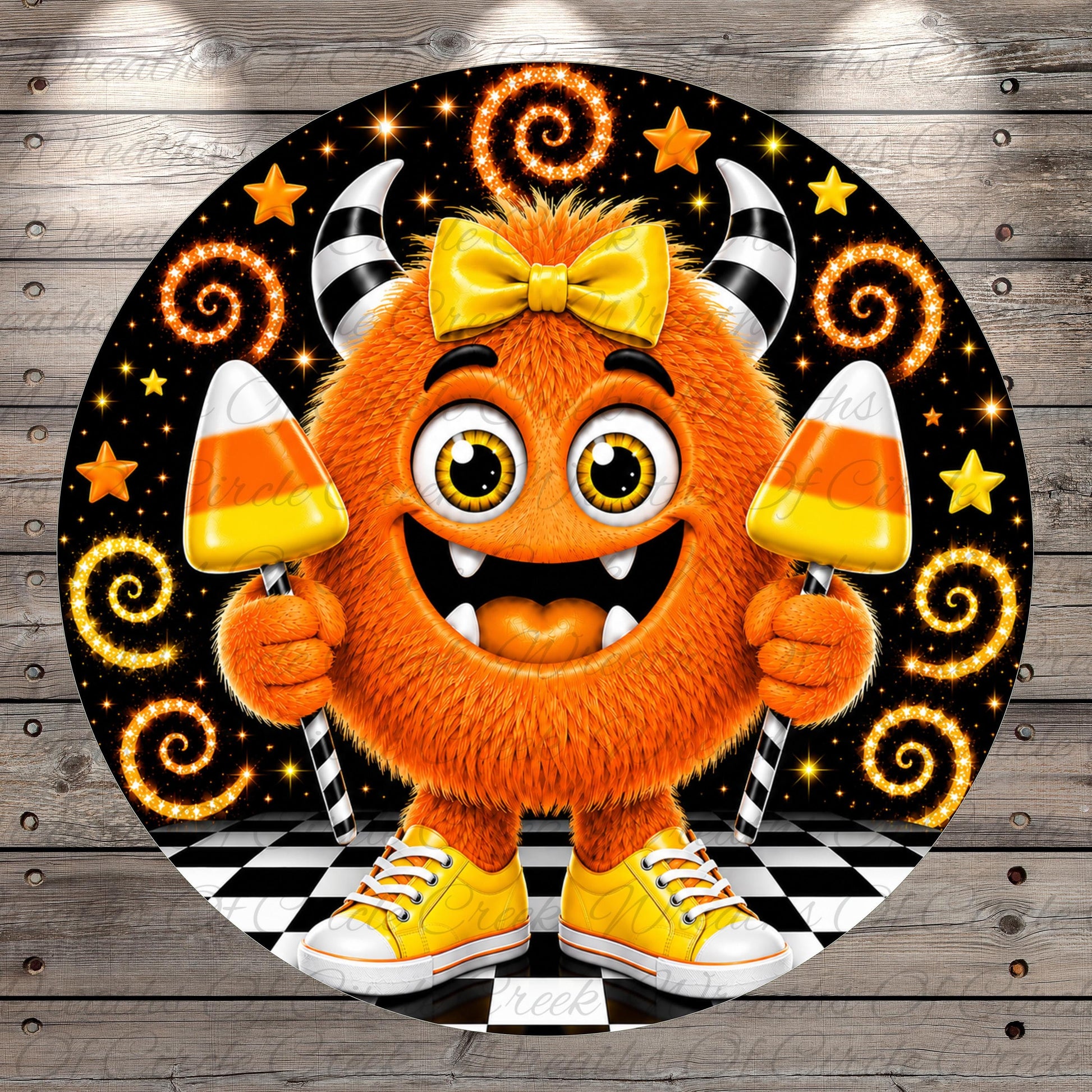 A whimsical illustration of a large, orange monster with horns and a bow, holding two candy canes and surrounded by stars and swirls against a black background.