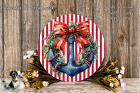 a round wreath with a blue anchor and red ribbon, surrounded by a variety of flowers and greenery, placed on a wooden surface.