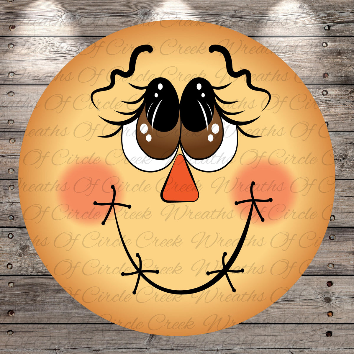 A cheerful, cartoon-like face with large eyes, a red nose, and a big smile, set against a wooden background.