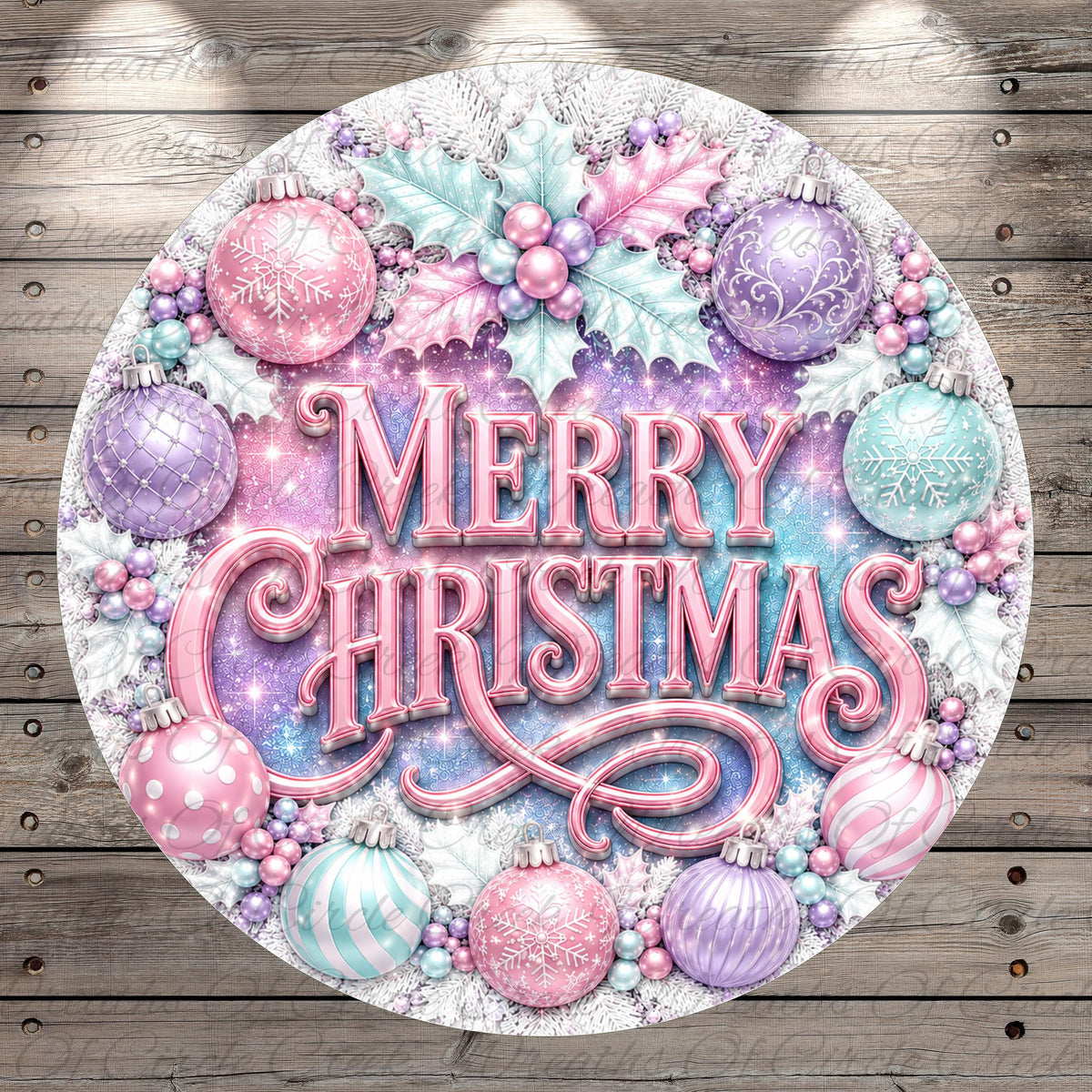 A festive Christmas wreath with a variety of colorful ornaments, including pink, purple, and blue balls, surrounded by snowflakes and holly leaves. The text "Merry Christmas" is prominently displayed in the center of the wreath.