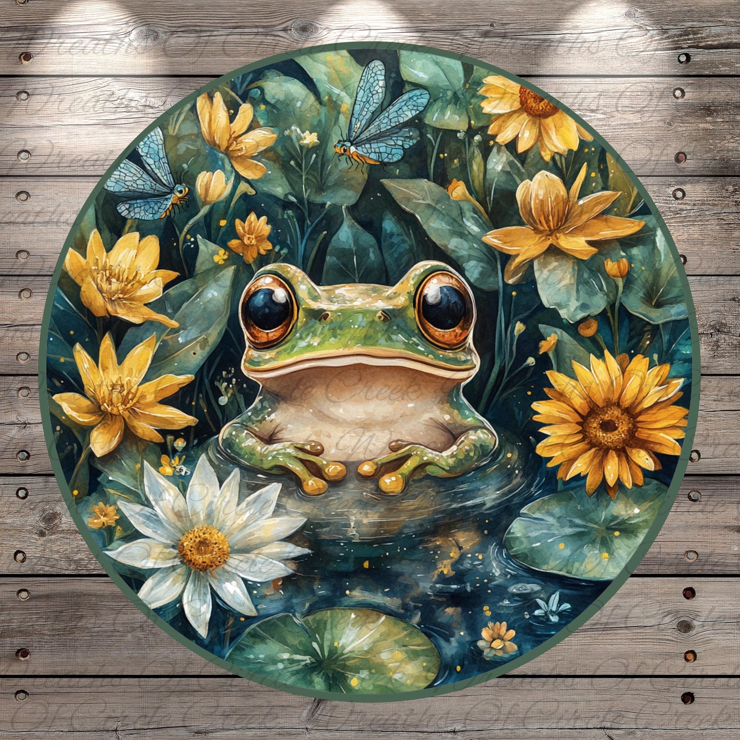 Hello | Lightweight Round Metal Wreath Sign | No Holes in Sign | Cute Frog and Floral Art for Front Door