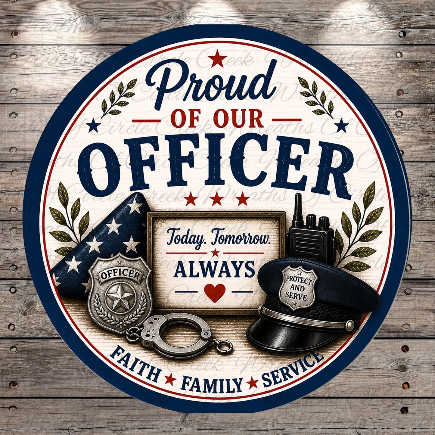 The image is a circular sign with a patriotic theme, featuring a police officer's badge, a police hat, and a police radio. The sign displays the text "Proud of our OFFICER" and "Today, Tomorrow, Always" along with the words "Faith, Family, Service".