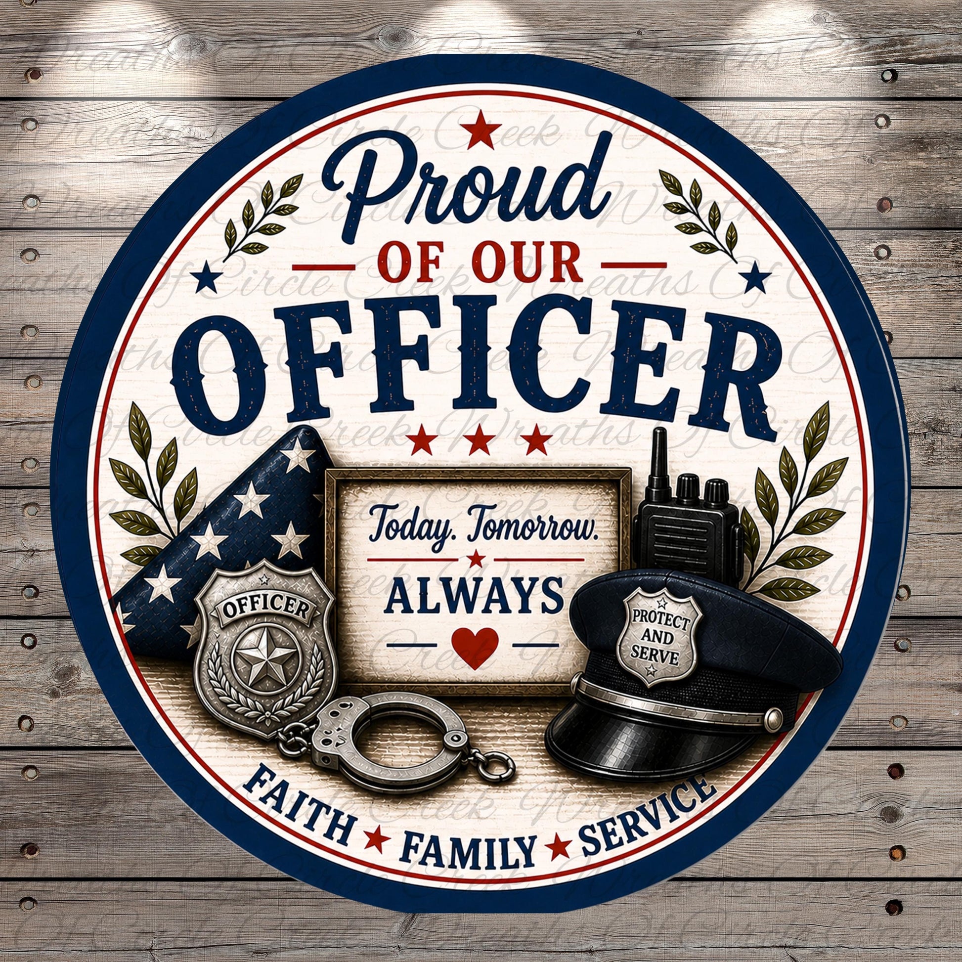 The image is a circular sign with a patriotic theme, featuring a police officer's badge, a police hat, and a police radio. The sign displays the text "Proud of our OFFICER" and "Today, Tomorrow, Always" along with the words "Faith, Family, Service".